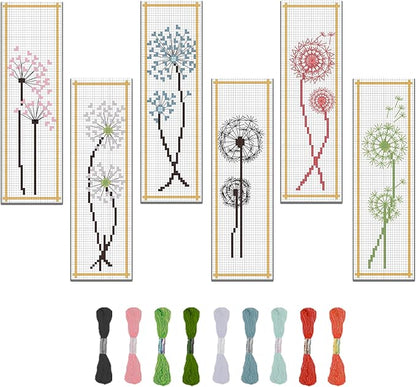 FREEBLOSS 6 Set Cross Stitch Bookmark Kit Dandelion Pattern Counted Cross Stitch Kit with Instruction Embroidery Bookmarks for DIY Embroidery Kit for Adults 8''x2.4''