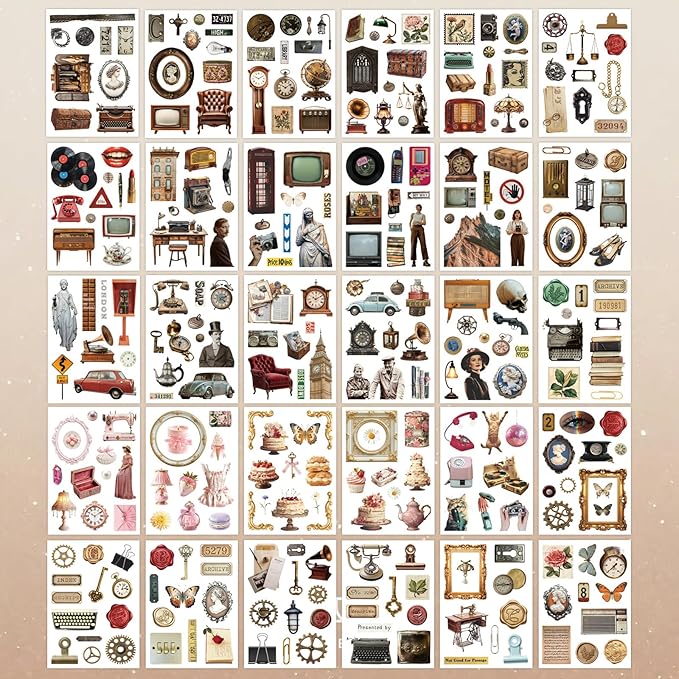 PRSTINCOL Vintage Sticker Book with 30 Pages and 300+ Aesthetic Stickers for Scrapbooking Supplies and Retro Bullet Journal