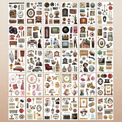 PRSTINCOL Vintage Sticker Book with 30 Pages and 300+ Aesthetic Stickers for Scrapbooking Supplies and Retro Bullet Journal