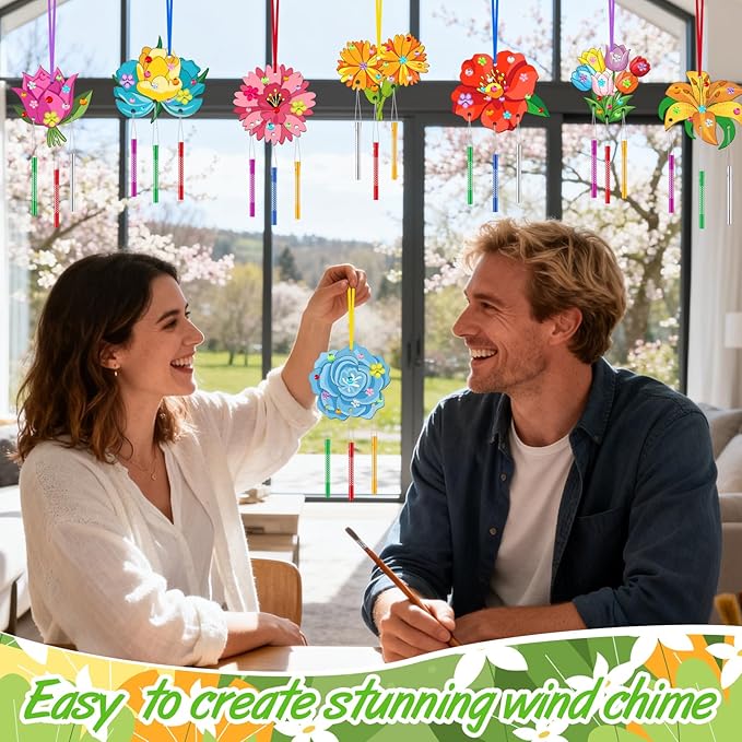 Colingmill 30 Pack Spring Flower Wind Chime Kit Make You Own Crafts Wind Chimes Outdoors Decorative DIY Coloring Wooden Crafts for Spring Gift Art Room Birthday Party Favors