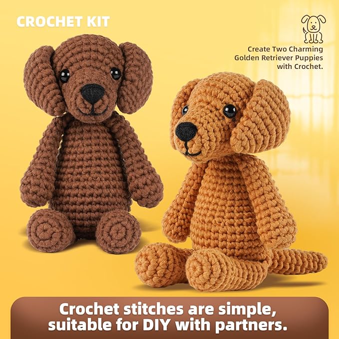 MOREJMTT Crochet Kit for Beginners, Knitting Kits,Crochet Animal Kits,Crocheting Kit for Starters with Step-by-Step Video Tutorials, Beginner Crochet Kits for Adults(2 Pack Golden Retriever)
