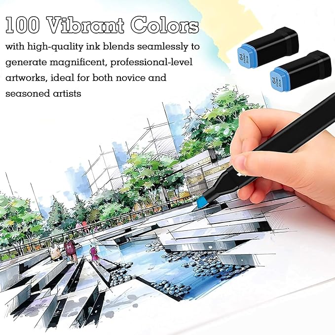 Cautyfky 100 Colors Dual Tip Alcohol Markers, Dual Tips Art Markers, Permanent Sketch Marker Set for Adults Coloring, Painting, Sketching, Illustrations
