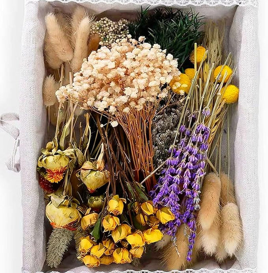 130Pcs DIY Mixed Natural Dried Flower Set, Preserved Flowers Bulk with Baby's Breath, Dried Roses, Eucalyptus Stems, Mini Handmade Flower Arrangement, Dried Flower for Home Decor