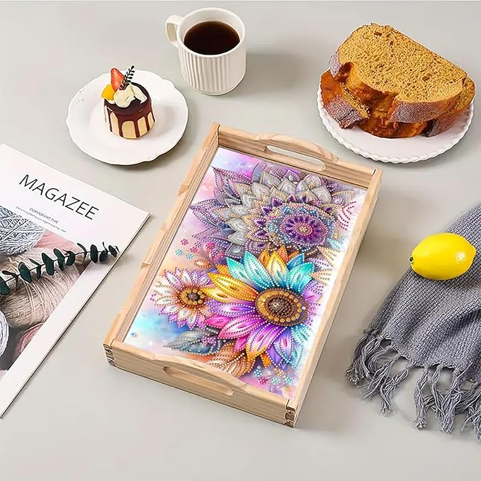 DoxQcs DIY Diamond Art Wooden Food Tray with Handle Diamond Painted Table Decoration Tray for Breakfast Bar Dinner Table Diamonds Art Painting for Beginners-Mandala-1