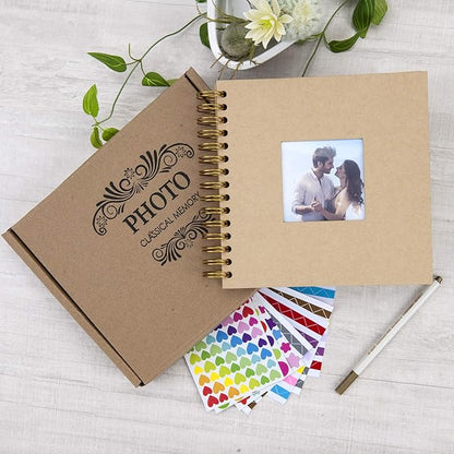 8 x 8 Inch Small DIY Scrapbook Photo Album with Window Design Cover 80 Pages Craft Paper Memory Book for Weeding Family Travel and Baby (Brown)
