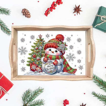 DIY Diamond Art Painting Wooden Tray Kit With Handle, Food Tray for Breakfast, Bar Dinner Table Decoration, Diamond Dots Gem Painting Art Set for Beginners-Snowman2