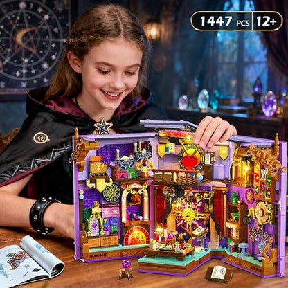 INSOON Upgraded Mystic Divination Book Nook Building Set with Rechargeable Lights, 1447 PCS DIY Magic Booknook Building Block Kit Home Decor, Miniature Book House Model Gift for Adults Boys Girls 12+