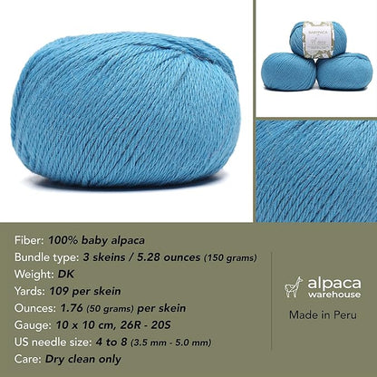100% Baby Alpaca Yarn Wool Set of 3 Skeins (150 Grams) DK Weight - Made in Peru - Heavenly Soft and Perfect for Knitting and Crocheting (Candy Floss Blue, DK)