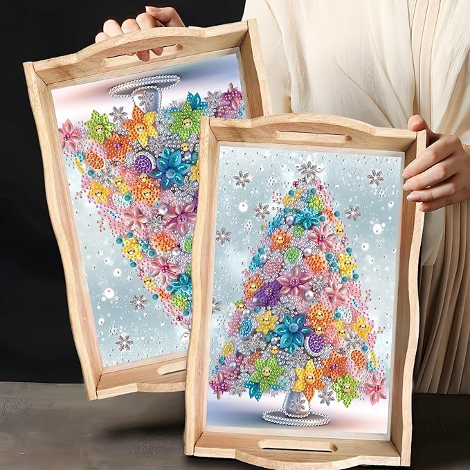 DIY Diamond Art Wooden Tray Kit, Food Tray with Handle Diamond Painted Table Decoration Tray, for Breakfast, Bar Dinner Table Diamond Dots Gem Painting Art Set for Beginners-#34-Christmas Tree