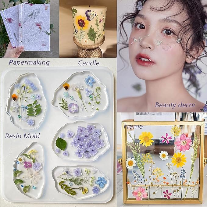 48 Pcs Pressed Dried Flowers for Cup Cakes, AHTONG Natural Dried Flower Herbs kit for Resin Jewelry Making Soap and Candle Making (Pepper Tree Leaves)