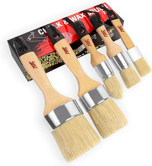 Chalk Paint Brush Set for Furniture – 5PC Natural Bristle, 3 Small and 2 Large Wax Brushes (2.5"), Perfect for Painting, Stenciling, and Waxing, Compatible with Chalk Paint and Furniture Wax