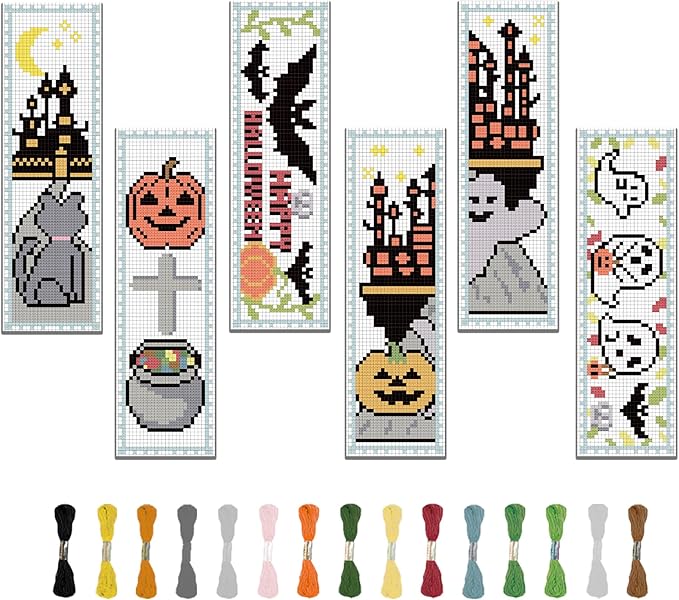 FREEBLOSS 6 Set Cross Stitch Bookmark Kit Halloween Embroidery Bookmarks Stamped Embroidery Bookmark with Instruction Counted Cross Stitch Kit for Gift Adults 8''x2.4''
