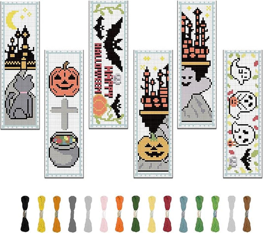 FREEBLOSS 6 Set Cross Stitch Bookmark Kit Halloween Embroidery Bookmarks Stamped Embroidery Bookmark with Instruction Counted Cross Stitch Kit for Gift Adults 8''x2.4''