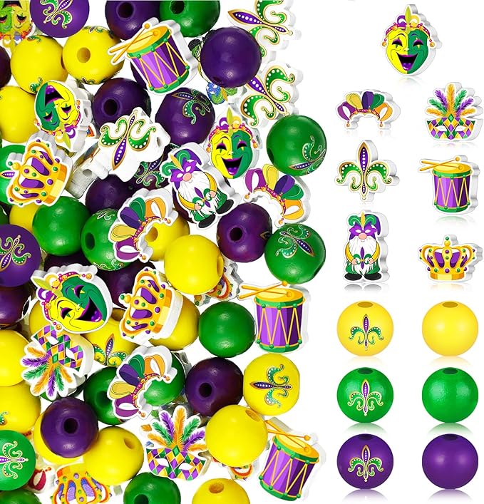200 Pcs Mardi Gras Wood Beads Mardi Gras Round Wooden Loose Beads Bulk Wooden Craft Beads with Holes Buffalo Plaid Wood Beads Polka Dot Wood Spacer Beads for Jewelry DIY Crafts Decor (Funny Style)