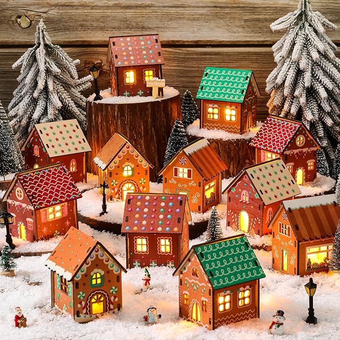 29 Pcs DIY Christmas Village Sets 12 Pcs Wood Village Houses Xmas Scene Figurines Decoration Mini Tree Desktop Ornament for Indoor Room Landscape Xmas Holiday Party Decor(Cute Style)