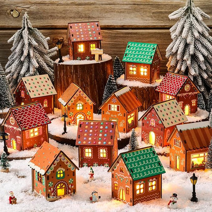29 Pcs DIY Christmas Village Sets 12 Pcs Wood Village Houses Xmas Scene Figurines Decoration Mini Tree Desktop Ornament for Indoor Room Landscape Xmas Holiday Party Decor(Cute Style)