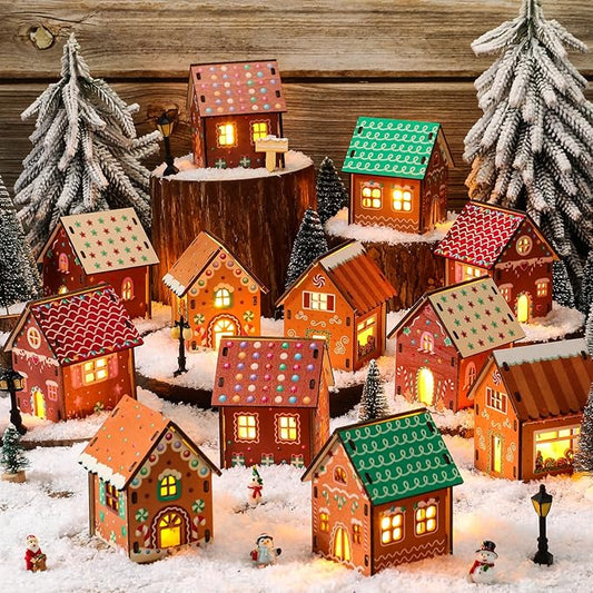 29 Pcs DIY Christmas Village Sets 12 Pcs Wood Village Houses Xmas Scene Figurines Decoration Mini Tree Desktop Ornament for Indoor Room Landscape Xmas Holiday Party Decor(Cute Style)