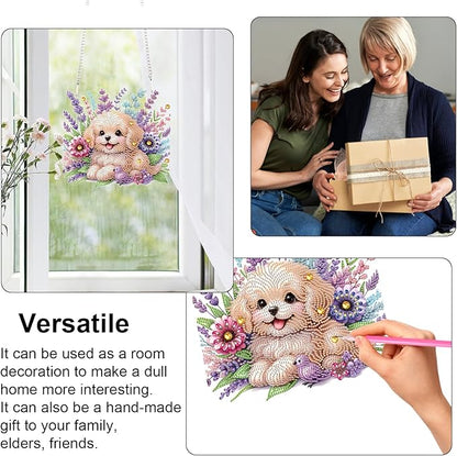 AiYuanzsh 5D Diamond Painting Hanging Pendant Kit with Chain, Cute Dog DIY Crystal Rhinestone Diamond Art Suncatcher Ornament for Window, Door, Wall, Home Decor Gift (25.2x23.8 cm)