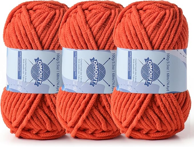 Chunky Chenille Yarn for Crocheting，Baby Yarn for Crocheting Soft Blankets，Bulky Yarns for Crochet Amigurumi，3×100g (3×74.3yds) Fluffy Velvet Yarns for Hand Knitting (3 Orange)