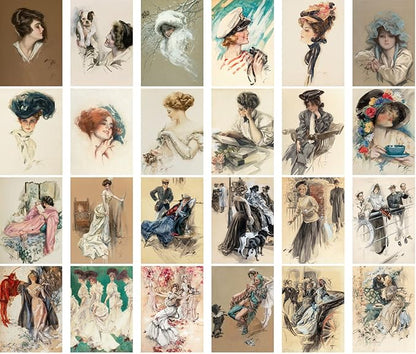 Large Stickers (24 pcs 2.5"x3.5" Each) Beautiful Portraits of Gorgeous Victorian Men and Women Vintage Postcards Retro Greeting Card Book Illustration Reprint