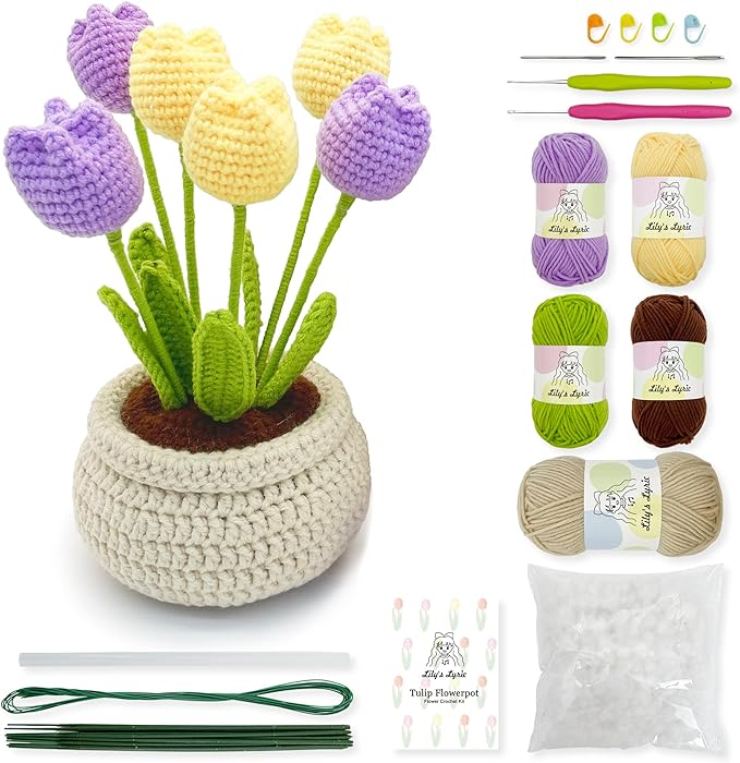 Lily's Lyric Flower Crochet Kit | Tulip Flowerpot | Step-by-Step Video Tutorial for Adults Teenagers | DIY Home Decoration Craft Gift Idea Purple&Yellow