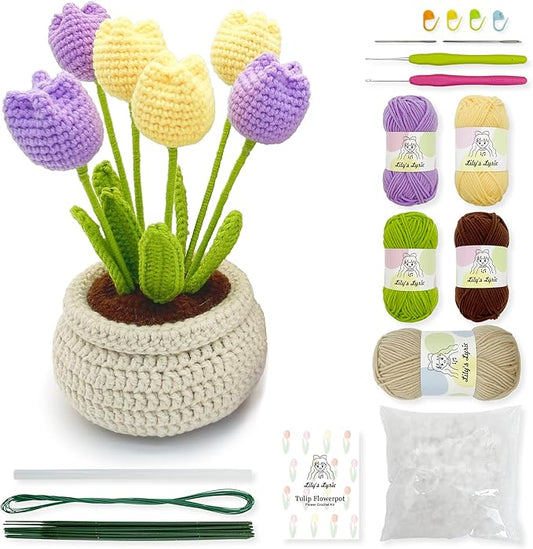 Lily's Lyric Flower Crochet Kit | Tulip Flowerpot | Step-by-Step Video Tutorial for Adults Teenagers | DIY Home Decoration Craft Gift Idea Purple&Yellow