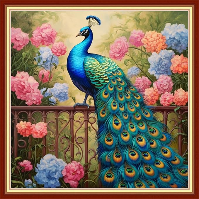 Dimensean Stamped Cross Stitch Kits Full Range of Embroidery Patterns Starter Kits for Beginners Adult DIY Cross Stitches Needlepoint Kits 11CT-Flower Peacock 18x18 inch