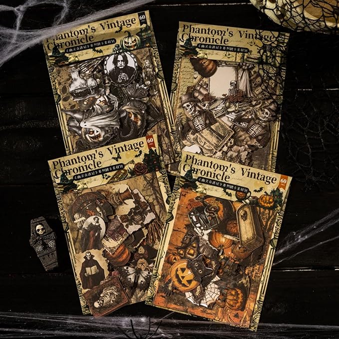 240 Pieces Dark Horror Themed Stickers and Scrapbook Paper Kit, 4 Pack Aesthetic Decorative Scrapbook Stickers for Scrapbooking, Journaling, DIY Crafts and Planner Supplies