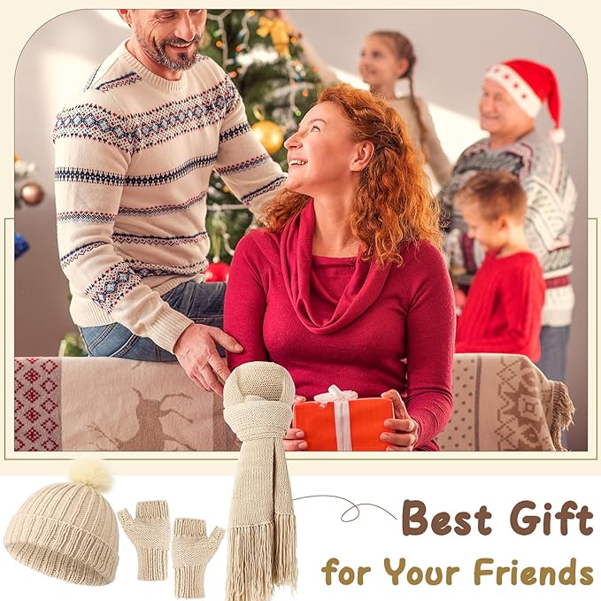 Maasechs Knitting Kit for Beginners, Learn to Knit Kit for Adults, Complete Hat, Scarf, Gloves Starter Bundle with Step-by-Step Instructions Includes Wool Yarn, Needles & Accessories(Light Khaki)