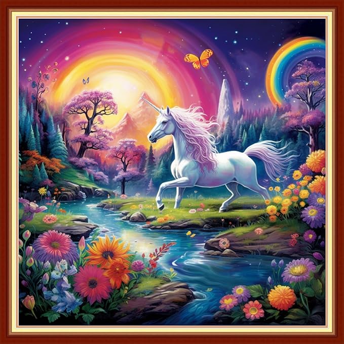 Joyhoor Stamped Cross Stitch Kits for Beginners Needlepoint Kits for Adults Embroidery Kits 11CT Counted Cross Stitch Kits Printed Embroidery Pattern-Rainbow Unicorn 18x18 inchs