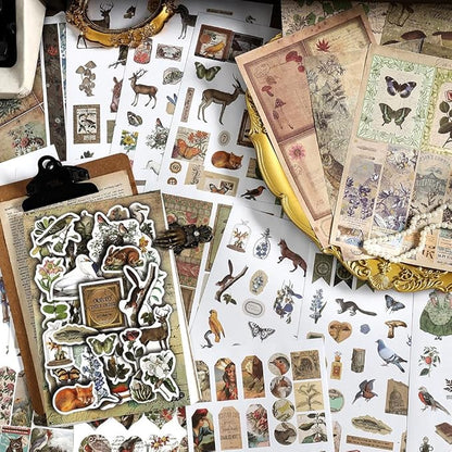 Prstincol Vintage Aesthetic Washi Stickers and Papers for Scrapbooking, 40 Sheets Ephemera Book for Art Journaling with Nature Forest Theme Stickers and Decoupage Papers for Junk Journal