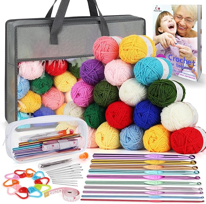 Aeelike Yarn Kit, 1093 Yards Crochet Yarn for Crocheting Complete Knitting Kit for Beginners Professionals with Aluminum Crochet Hooks Detailed Instruction, Ideal Crochet Yarn Set/Gift