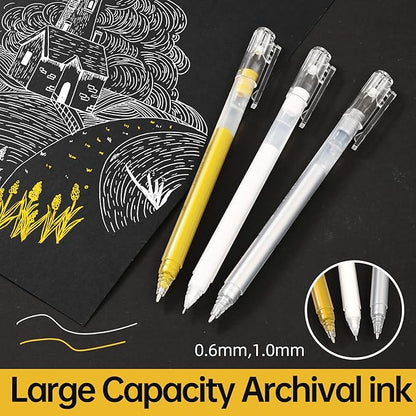 Gold Silver White Gel Pens - 0.6/1.0mm Extra Fine Point,White Ink Pens, Opaque Archival Ink Pen Set for Black Paper Art, Holiday Gifts & Bullet Journaling,Gel Pens for Artists, Card Making,Sketching