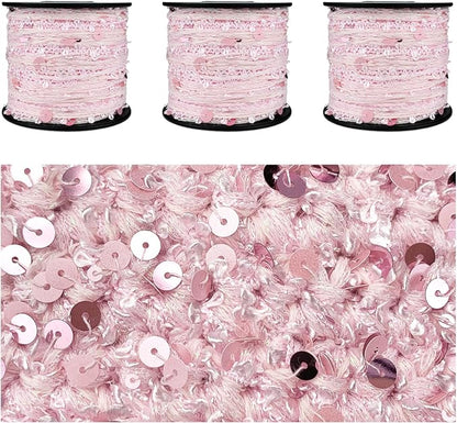 Artisanal Yarn Collection Multifiber Fancy Yarn with Pink Sequins for Knitting Crocheting Crafts DIY, Set of 3 Rolls (Pink Sequins)