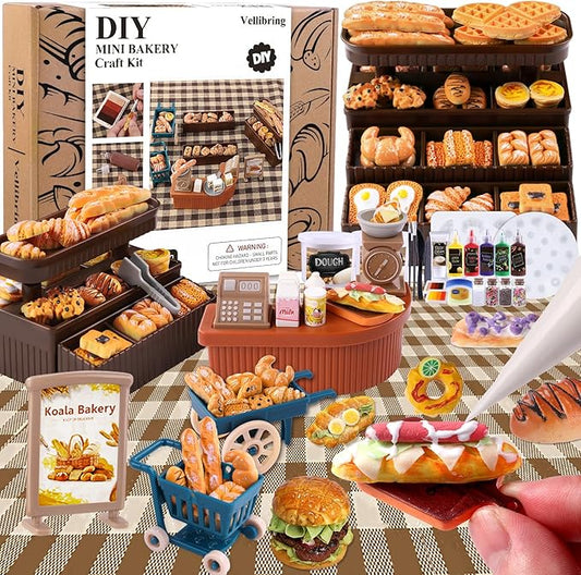 Vellibring Cute Clay Craft for Girls Teens Adults ，Air Dry Clay Kit DIY Mini Food Bread Set for Dollhouse Play Food Toys Pretend Kitchen Stores Accessories Birthday Valentine Gifts Party Favors