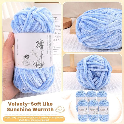 Velvet Chenille Yarn Pack – 6 Skeins × 100g Super Bulky (CYC #6) – Soft Velvet Chunky for Crocheting & Knitting, Fluffy Chenille Yarn for Blankets, Scarves & Crafts (Sky Blue)