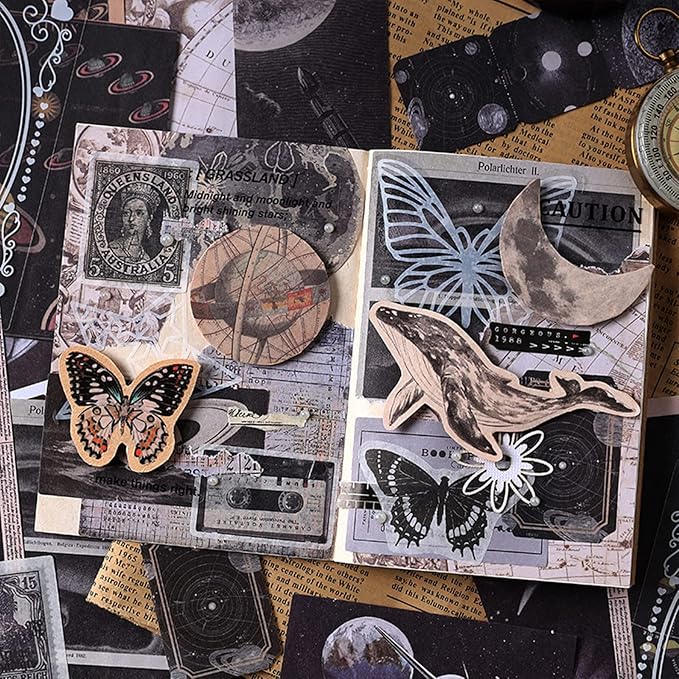 Esweny 100 PCS Vintage Ephemera Pack Journaling Scrapbooking Supplies Scrapbook Sticker Paper Kit for Junk Journal Planners Collage Craft Notebooks Decoupage Album (Space)