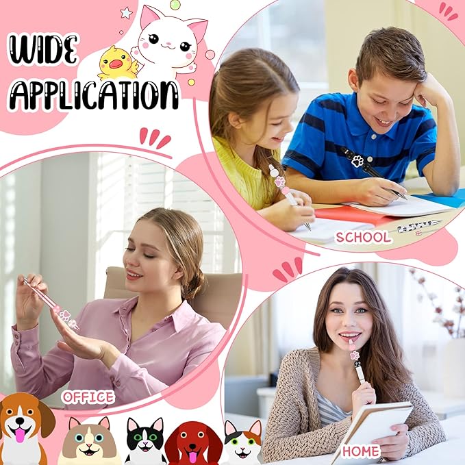Geyee 12 Set Plastic Beadable Pens Assorted Bead Pens Crystal Wood Round Spacer Set Black Ink DIY Ballpoint for Women Men Gift Office Supplies(Dog Paw)