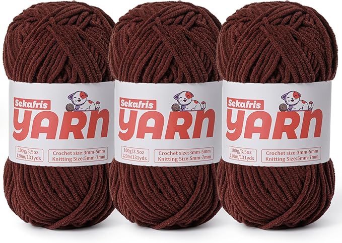 3 Pack Plush Chunky Chenille Yarn for Crocheting, Soft Fluffy Velvet Yarn for Crocheting, Fuzzy Baby Blanket Knitting Yarn, 300g/393yds Bulky Amigurumi Yarns（3 Dark Coffee）