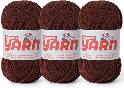 3 Pack Plush Chunky Chenille Yarn for Crocheting, Soft Fluffy Velvet Yarn for Crocheting, Fuzzy Baby Blanket Knitting Yarn, 300g/393yds Bulky Amigurumi Yarns（3 Dark Coffee）
