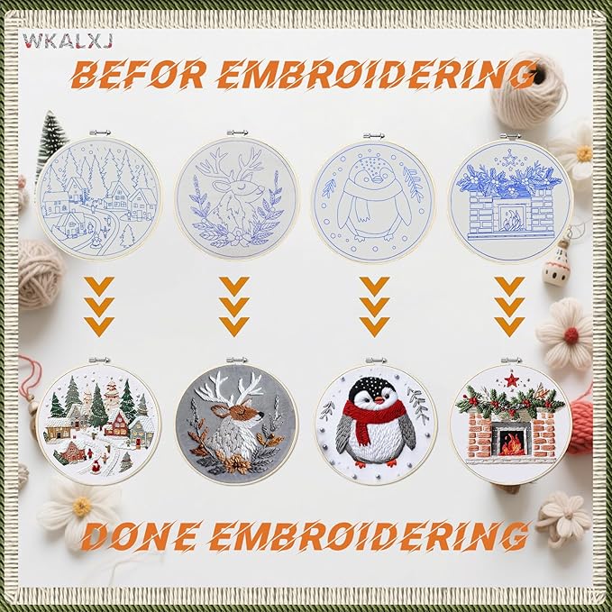 WKALXJ 4 Sets Christmas Embroidery Kits for Adults, Embroidery Kit for Beginners, Cross Stitch Kits for Beginners with Pattern, Needles, Threads, Tools (Resort+Penguin+Fireplace+Elk)
