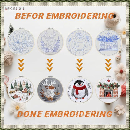 WKALXJ 4 Sets Christmas Embroidery Kits for Adults, Embroidery Kit for Beginners, Cross Stitch Kits for Beginners with Pattern, Needles, Threads, Tools (Resort+Penguin+Fireplace+Elk)