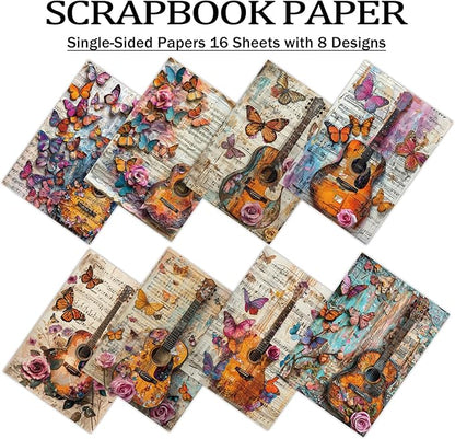 Scrapbook Paper,16 Sheets 4.1x5.8 Inch Guitar Butterfly Style Scrapbook Paper,Single-Sided Vibrant Origami Decoupage Papers for Diy Crafts, Card Making, Art Journaling