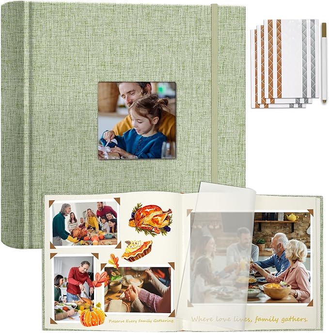 Vienrose Scrapbook Album 12" x 12", Large Linen Photo Album with Writing Space, DIY Scrapbook Supplies for Wedding, Baby, Family Memories & Travel (30 sheets / 60 pages, Grass Green)