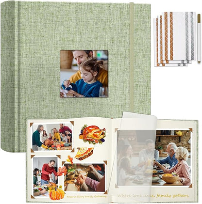 Vienrose Scrapbook Album 12" x 12", Large Linen Photo Album with Writing Space, DIY Scrapbook Supplies for Wedding, Baby, Family Memories & Travel (30 sheets / 60 pages, Grass Green)