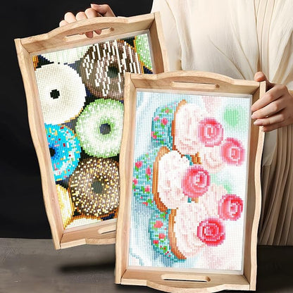 DIY Art Painting Wooden Tray Kit, Food Tray with Handle Diamond Painted Table Decoration Tray, for Breakfast, Bar Dinner Table Diamond Dots Gem Painting Art Set for Beginners (#32-Doughnut)