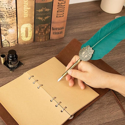 TIANREN Quill pen ink set,Feather Pen and Ink Set,Antique Calligraphy Pen with 4 Replaceable Nibs,2 Bottle of ink,Feather Dip Pen Holder Christmas Gift for Men&Women.(Green)