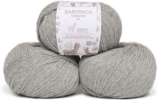 Origins - 100% Baby Alpaca Yarn Wool Set of 3 Skeins (150 Grams) DK Weight Made in Peru Natural Colors (Undyed) Heavenly Soft Perfect for Knitting and Crocheting (Silver Mist, Origins 3 Skeins DK)
