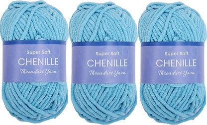 3 Pack ThreadArt Chenille Yarn for Crocheting, Knitting, Amigurumi, Super Soft Plush Velvet Yarn - 50 Gram 60 yds #5 Fluffy Yarn Skeins - Aqua 09