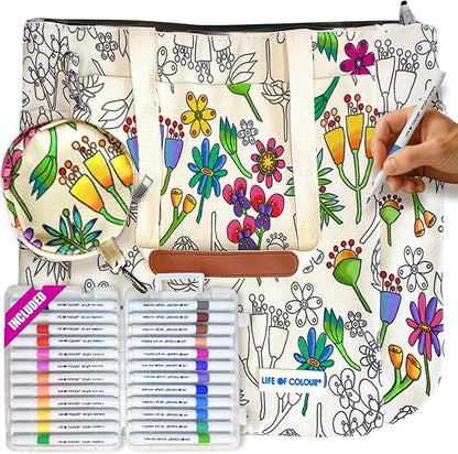 Life of Colour Doodle Bag with Wildflower Patterns – Color Your Own Tote Bag Craft Kits for Adults, Includes Canvas Tote & 24 Acrylic Markers – DIY Painting & Art Kit for Women